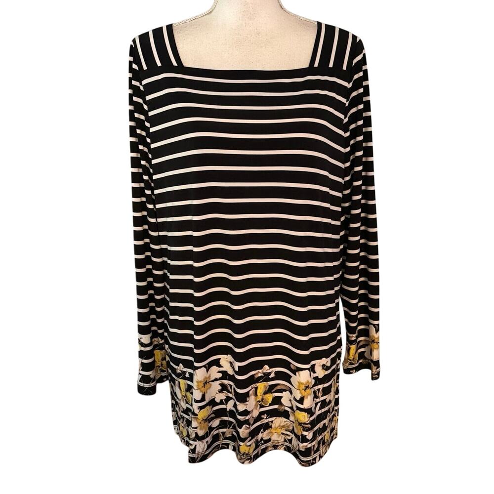 Susan Graver Size L Tunic Top Blouse Striped Floral Square Neck